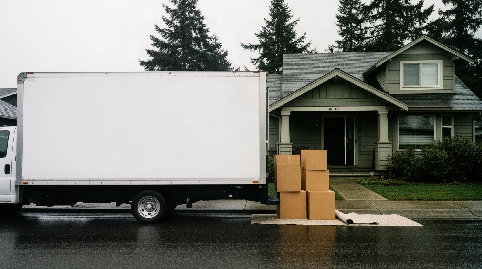 A box moving truck parked at the curb in front of a King County craftsman house with stacked moving boxes on the walkway