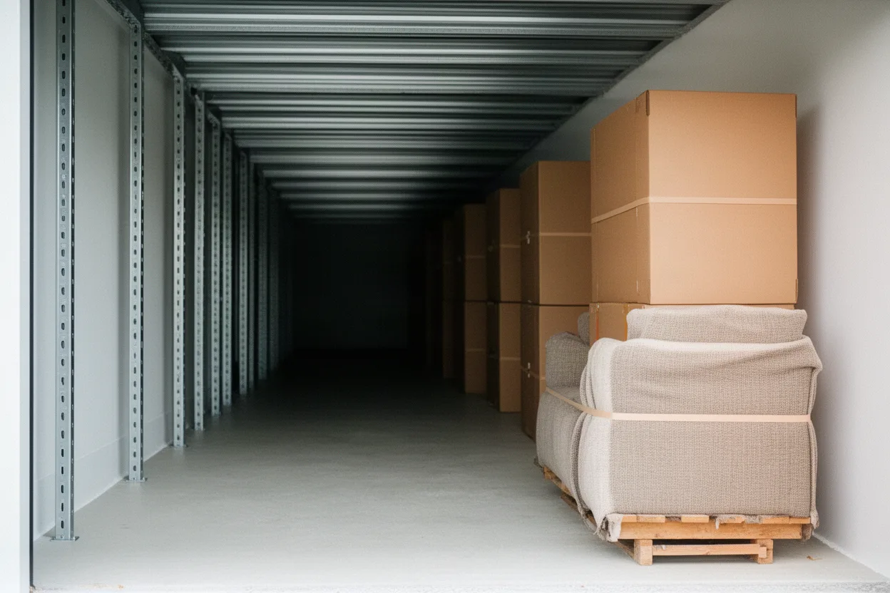 An aisle of blank storage vaults with a blanket-wrapped sofa on a skid
