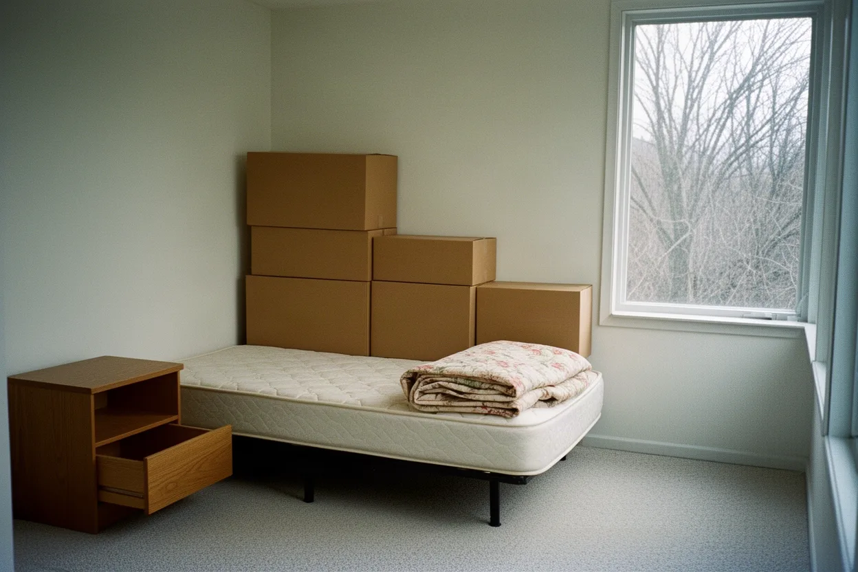 A downsized bedroom with folded quilt and stacked blank boxes during a senior move